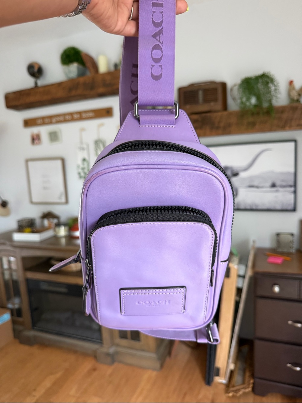 Coach Lavender Leather Crossbody Sling Bag with Branded Strap